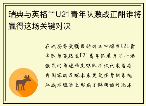 瑞典与英格兰U21青年队激战正酣谁将赢得这场关键对决